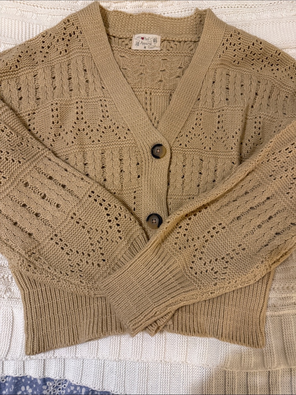 Openwork V-Neck Button Cardigan — Tan/Camel